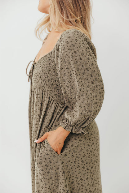Cecilia 100% Cotton Smocked Maxi Dress in Olive Foliage - Bump Friendly