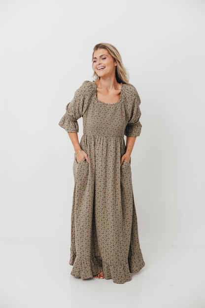 Sienna 100% Cotton Puff Sleeve Maxi Dress in Olive Foliage - Bump Friendly