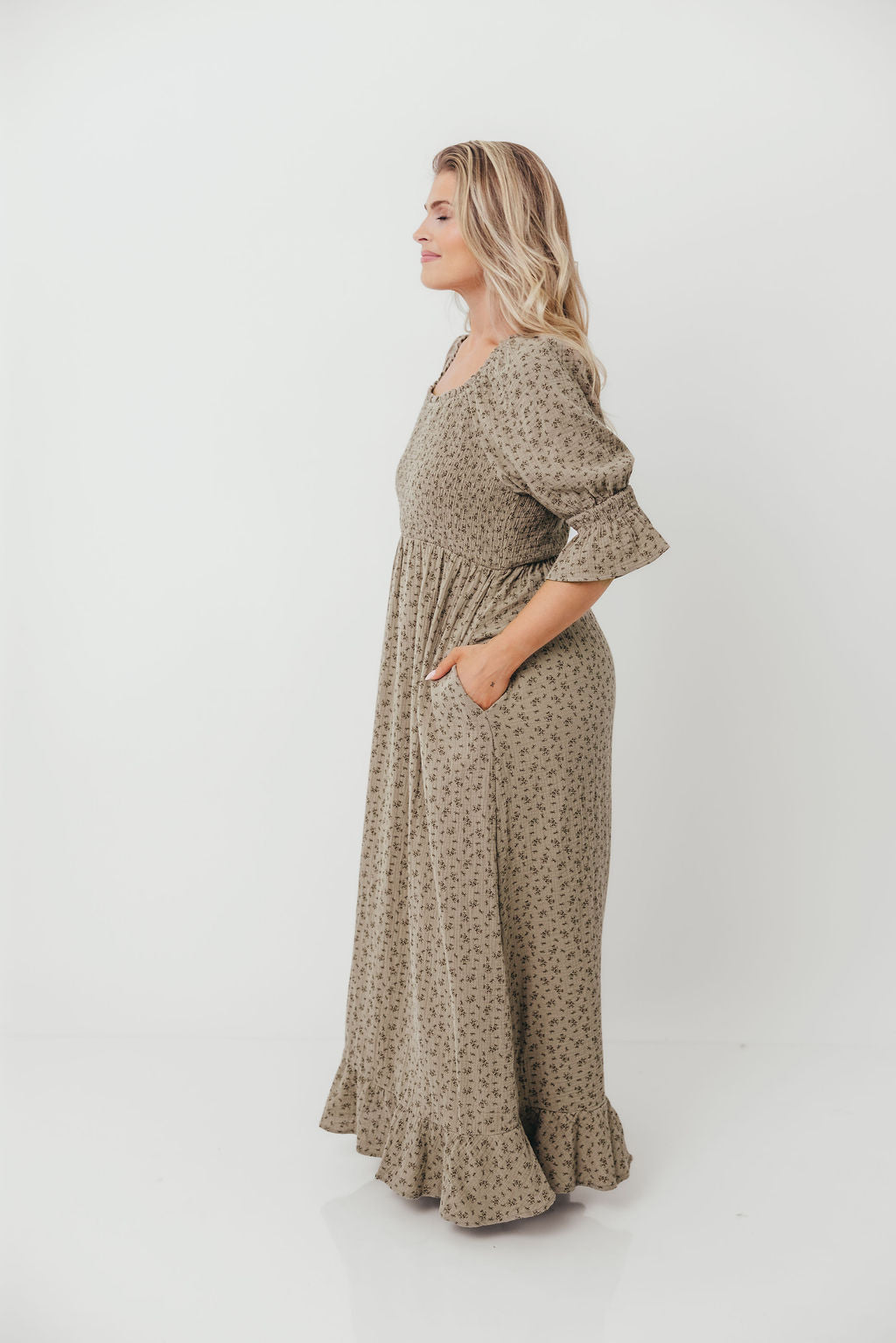 Sienna 100% Cotton Puff Sleeve Maxi Dress in Olive Foliage - Bump Friendly