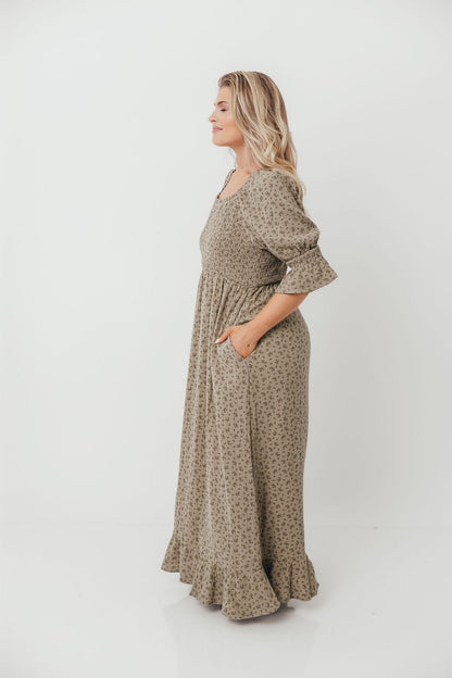 Sienna 100% Cotton Puff Sleeve Maxi Dress in Olive Foliage - Bump Friendly