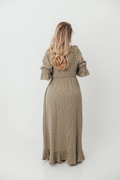Sienna 100% Cotton Puff Sleeve Maxi Dress in Olive Foliage - Bump Friendly