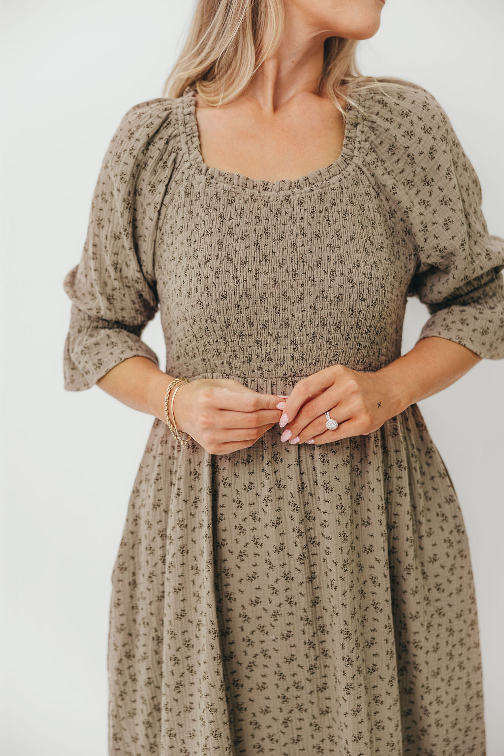 Sienna 100% Cotton Puff Sleeve Maxi Dress in Olive Foliage - Bump Friendly
