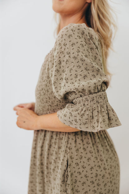 Sienna 100% Cotton Puff Sleeve Maxi Dress in Olive Foliage - Bump Friendly
