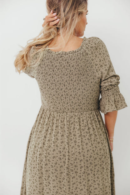 Sienna 100% Cotton Puff Sleeve Maxi Dress in Olive Foliage - Bump Friendly