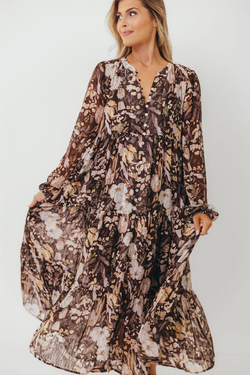 Eve Floral Print Button Front Duster Maxi With Detachable Slip in Brown Multi - Bump Friendly (No Restock)