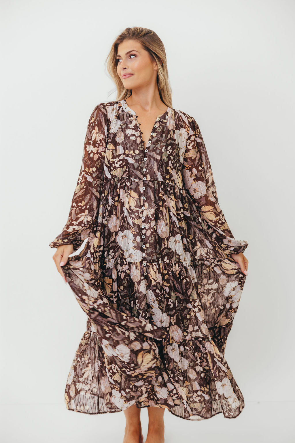 Eve Floral Print Button Front Duster Maxi With Detachable Slip in Brown Multi - Bump Friendly (No Restock)