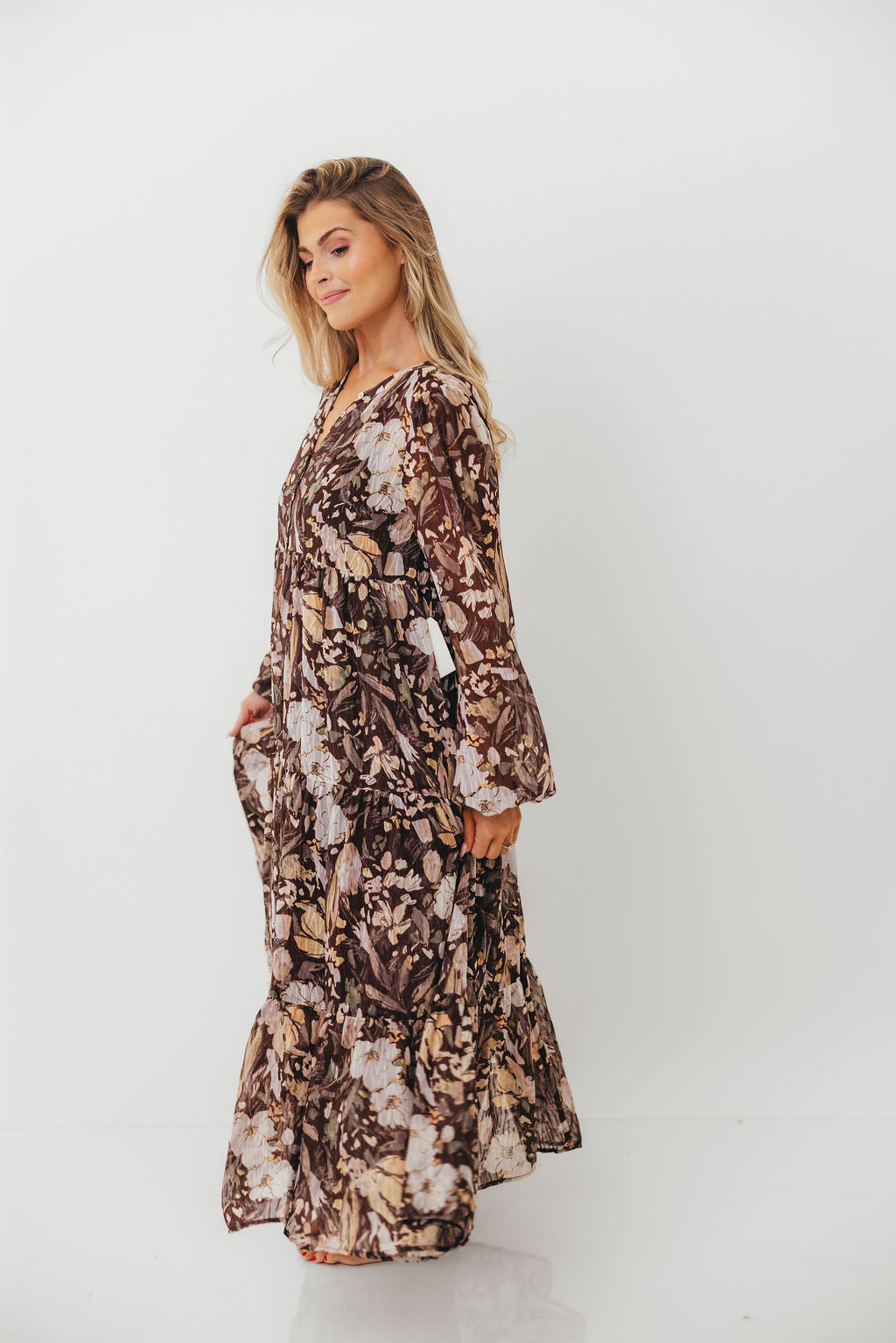Eve Floral Print Button Front Duster Maxi With Detachable Slip in Brown Multi - Bump Friendly (No Restock)