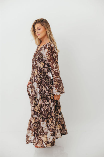 Eve Floral Print Button Front Duster Maxi With Detachable Slip in Brown Multi - Bump Friendly (No Restock)