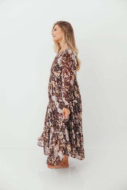 Eve Floral Print Button Front Duster Maxi With Detachable Slip in Brown Multi - Bump Friendly (No Restock)