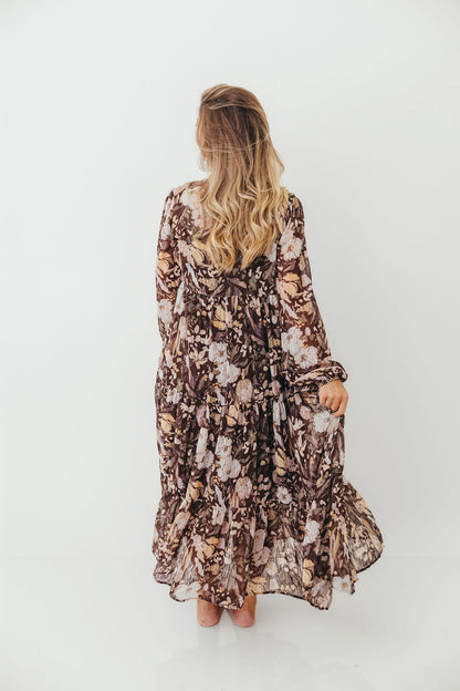 Eve Floral Print Button Front Duster Maxi With Detachable Slip in Brown Multi - Bump Friendly (No Restock)