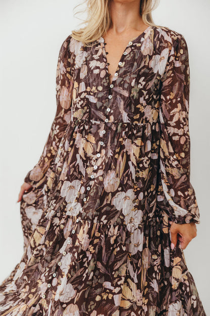 Eve Floral Print Button Front Duster Maxi With Detachable Slip in Brown Multi - Bump Friendly (No Restock)