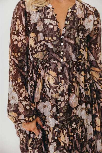 Eve Floral Print Button Front Duster Maxi With Detachable Slip in Brown Multi - Bump Friendly (No Restock)
