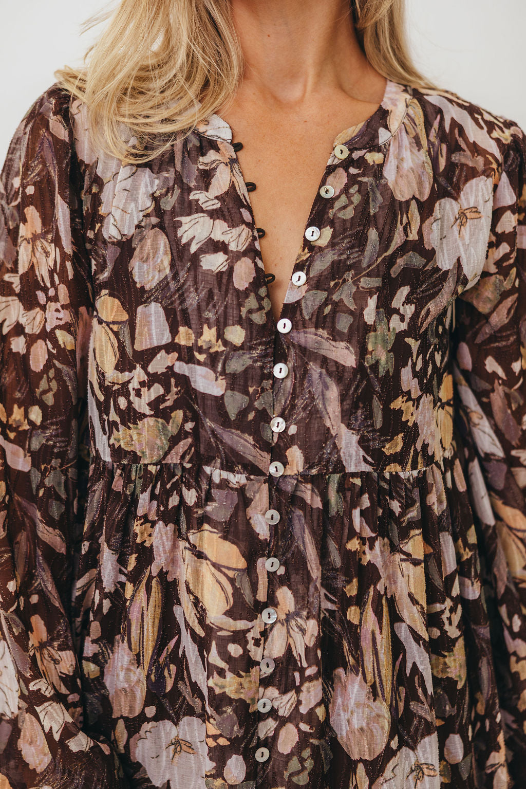 Eve Floral Print Button Front Duster Maxi With Detachable Slip in Brown Multi - Bump Friendly (No Restock)