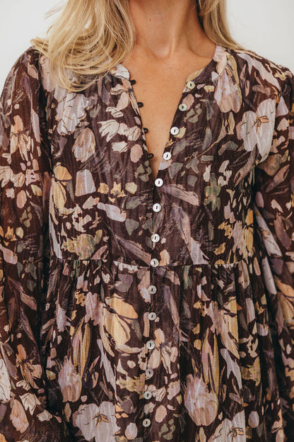 Eve Floral Print Button Front Duster Maxi With Detachable Slip in Brown Multi - Bump Friendly (No Restock)