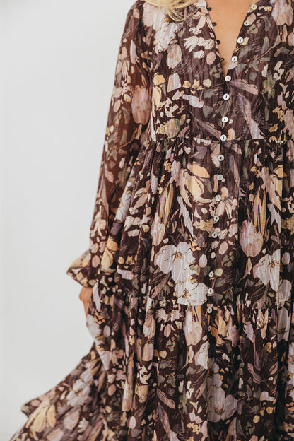 Eve Floral Print Button Front Duster Maxi With Detachable Slip in Brown Multi - Bump Friendly (No Restock)