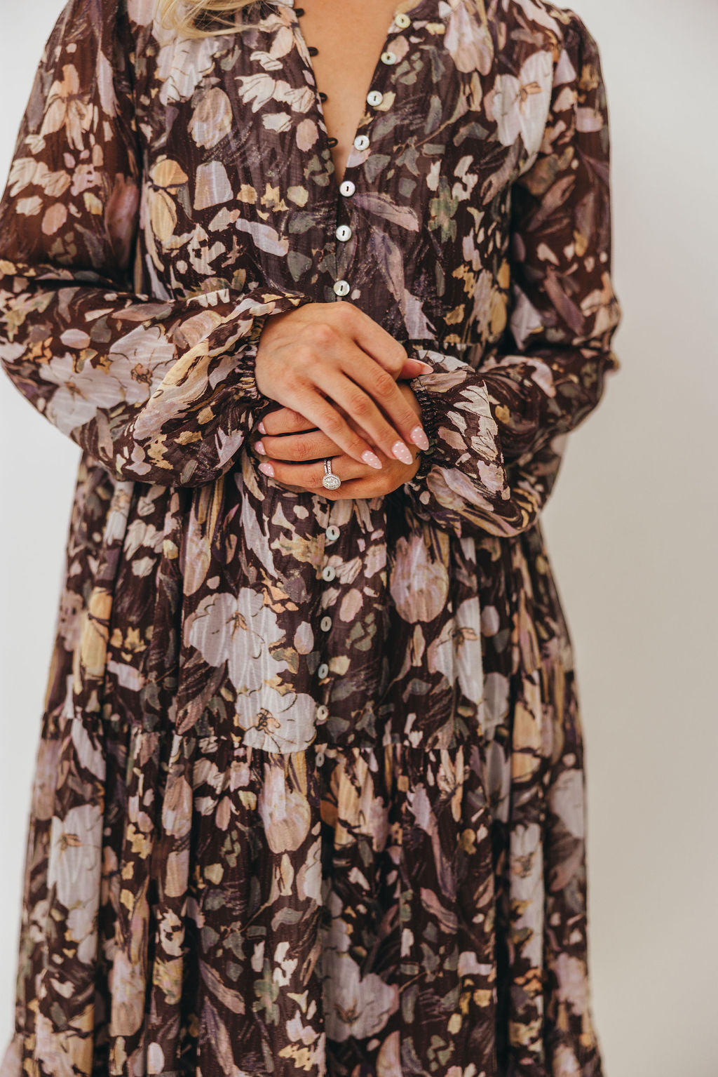 Eve Floral Print Button Front Duster Maxi With Detachable Slip in Brown Multi - Bump Friendly (No Restock)