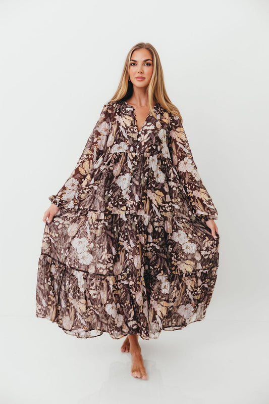 Eve Floral Print Button Front Duster Maxi With Detachable Slip in Brown Multi - Bump Friendly (No Restock)