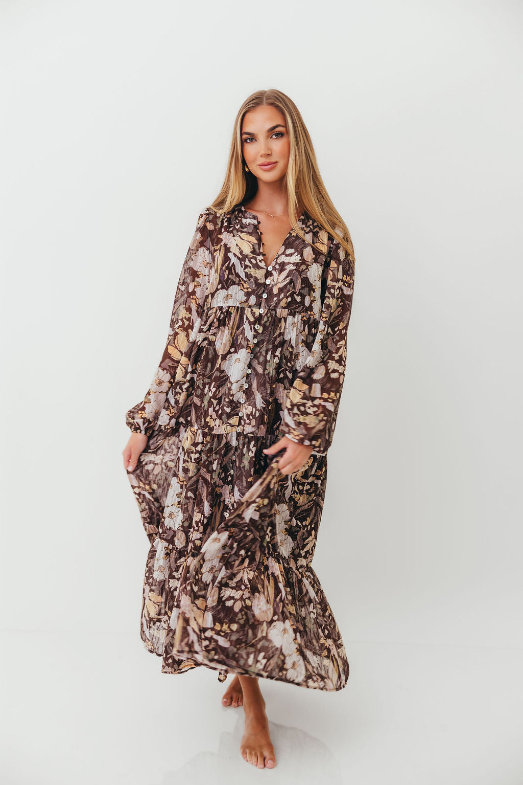 Eve Floral Print Button Front Duster Maxi With Detachable Slip in Brown Multi - Bump Friendly (No Restock)