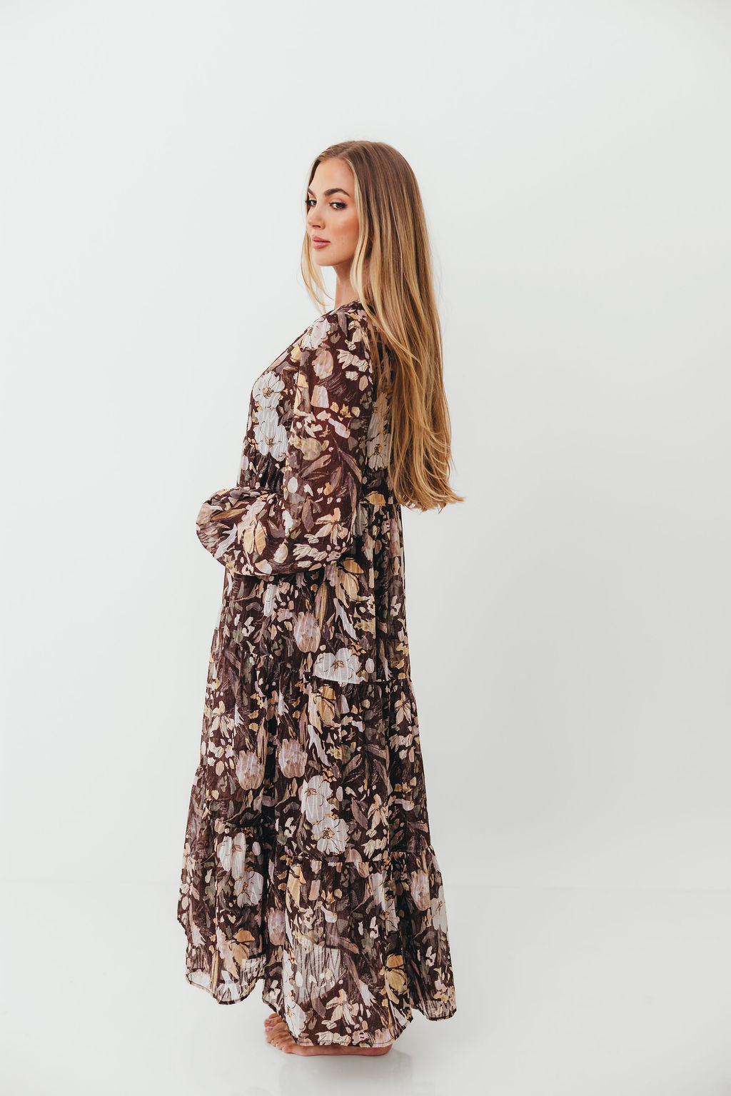 Eve Floral Print Button Front Duster Maxi With Detachable Slip in Brown Multi - Bump Friendly (No Restock)