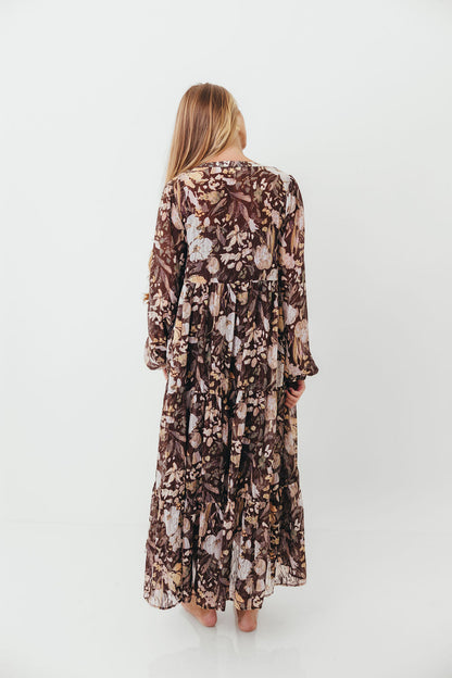 Eve Floral Print Button Front Duster Maxi With Detachable Slip in Brown Multi - Bump Friendly (No Restock)