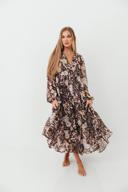 Eve Floral Print Button Front Duster Maxi With Detachable Slip in Brown Multi - Bump Friendly (No Restock)