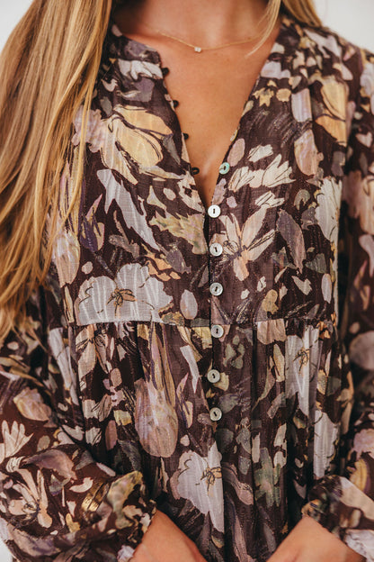 Eve Floral Print Button Front Duster Maxi With Detachable Slip in Brown Multi - Bump Friendly (No Restock)
