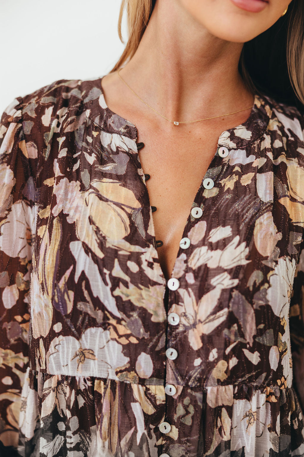Eve Floral Print Button Front Duster Maxi With Detachable Slip in Brown Multi - Bump Friendly (No Restock)