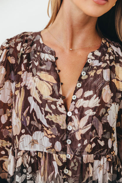 Eve Floral Print Button Front Duster Maxi With Detachable Slip in Brown Multi - Bump Friendly (No Restock)