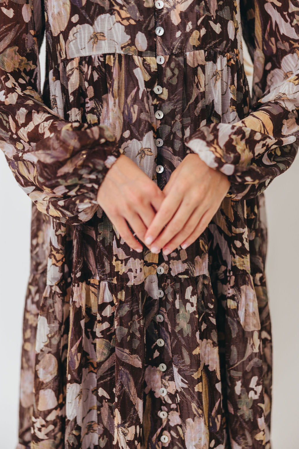 Eve Floral Print Button Front Duster Maxi With Detachable Slip in Brown Multi - Bump Friendly (No Restock)
