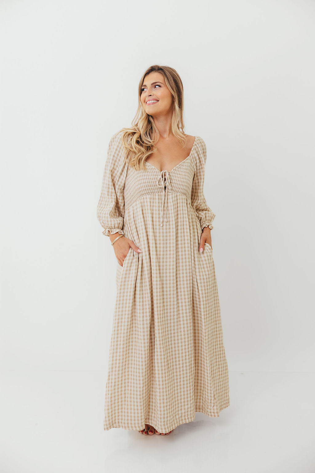 Cecilia 100% Cotton Smocked Maxi Dress in Natural Plaid - Bump Friendly
