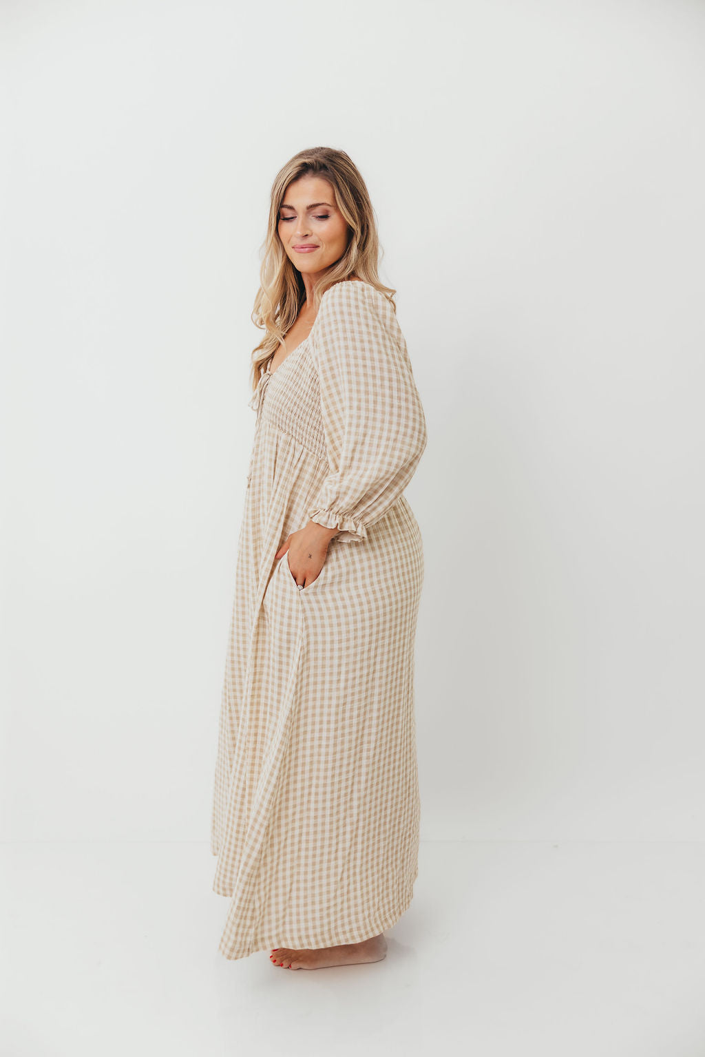 Cecilia 100% Cotton Smocked Maxi Dress in Natural Plaid - Bump Friendly