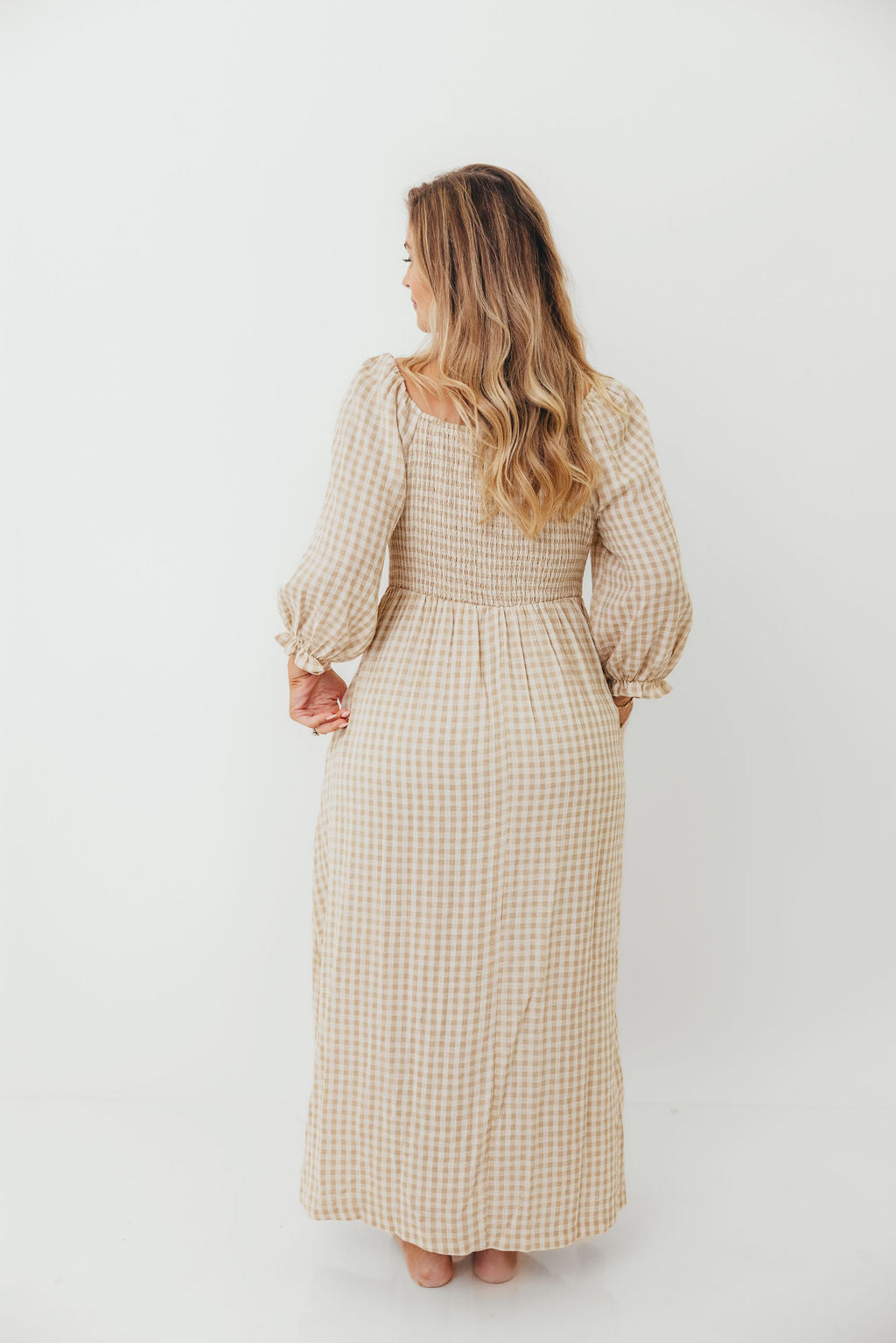 Cecilia 100% Cotton Smocked Maxi Dress in Natural Plaid - Bump Friendly
