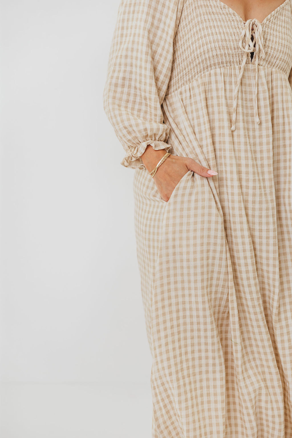 Cecilia 100% Cotton Smocked Maxi Dress in Natural Plaid - Bump Friendly