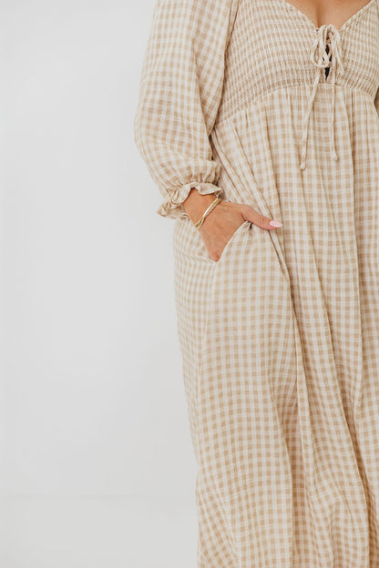 Cecilia 100% Cotton Smocked Maxi Dress in Natural Plaid - Bump Friendly